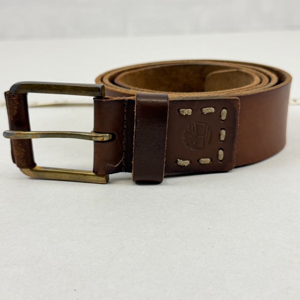 Timberland Brown Leather Belt Brass Buckle Tree Logo Genuine Leather Size‎ 36